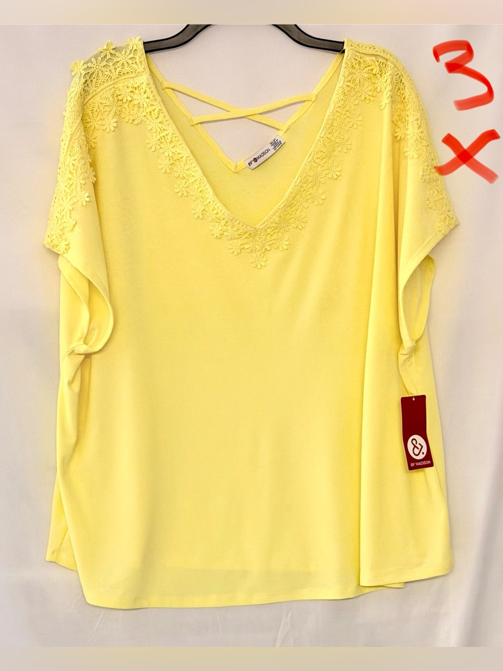 89th & Madison Lemon Yellow Lace-Detail V-Neck Blouse